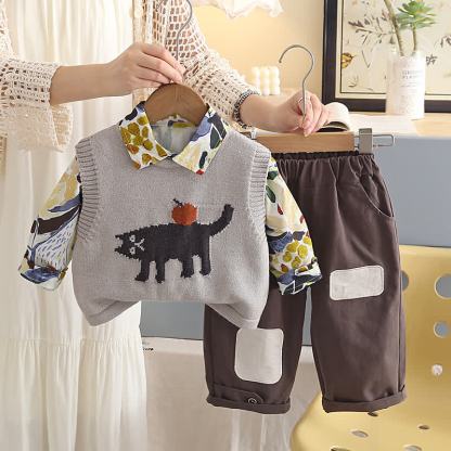 Kleinkind Stricken mit Katzen- und Apfelmotiv, lässiges 3-teiliges Set - Grau - 6-7J - image 2