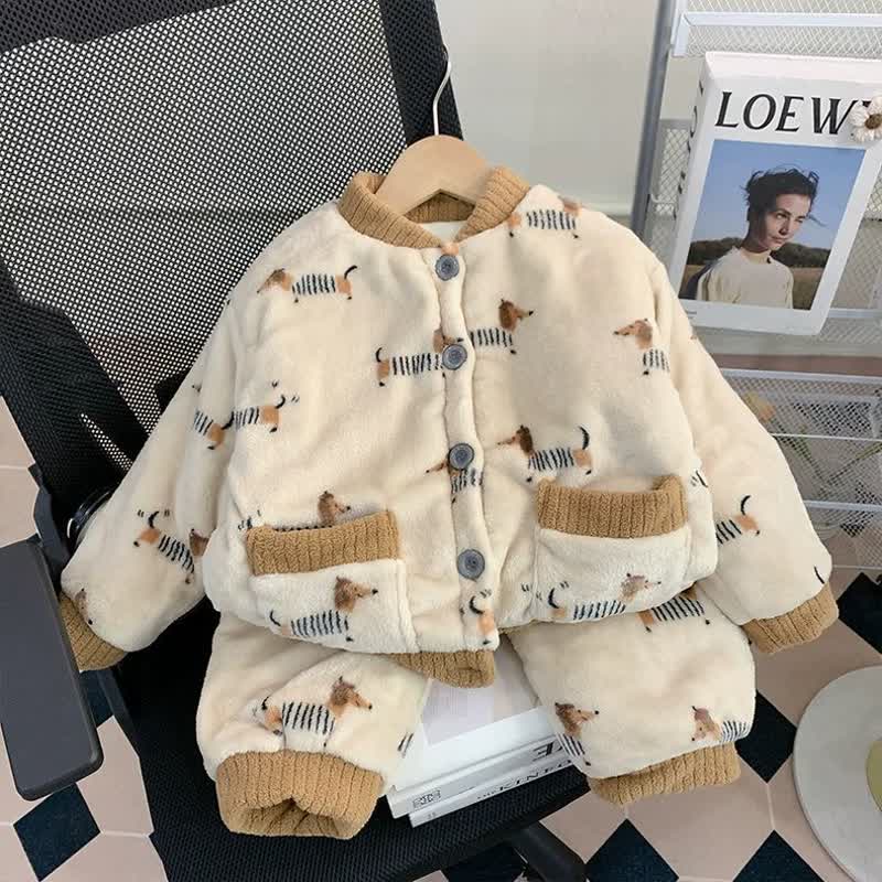 Kleinkind 2-teiliges Loungewear Set mit Tiermuster - Plüschjacke und Hose für Tier - Brauner Dackel - 6-7J - image 1