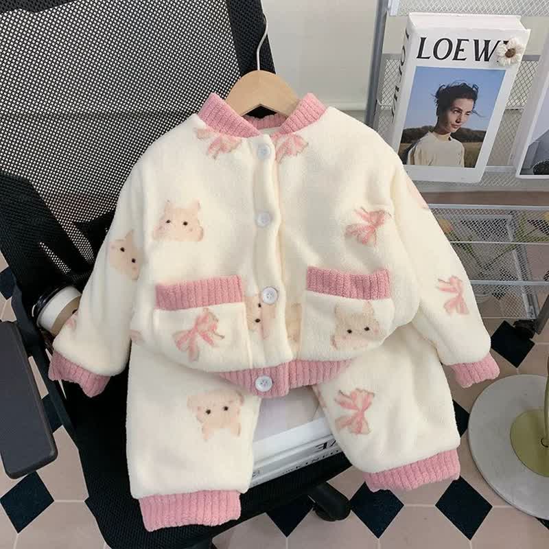 Kleinkind 2-teiliges Loungewear Set mit Tiermuster - Plüschjacke und Hose für Tier - Beige Hase - 6-7J - image 2