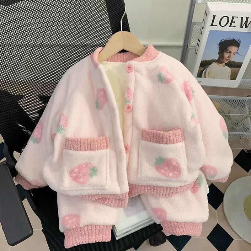 Kleinkind 2-teiliges Loungewear Set mit Tiermuster - Plüschjacke und Hose für Tier - Rosa Erdbeere - 6-7J - image 4