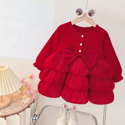 Baby Kleinkind -Mädchen- Schleife in der Taille und Kleid aus Tüll - Rotes Langarmshirt - 30-36M - image 2
