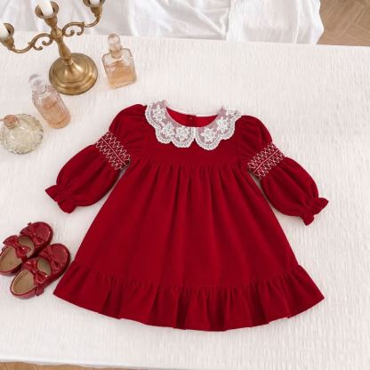 Weihnachten für Kleinkinder, rotes Lace mit Spitzenkragen, Kleid für Baby und Kleinkind - Rot - 6-7J - image 2