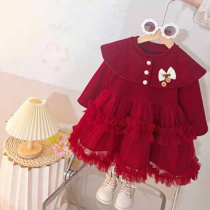 Baby Kleinkind Mädchen- Kleid aus Tüll mit Perlen-Schalkragen und Tüll - Rot - 3-4J - image 2