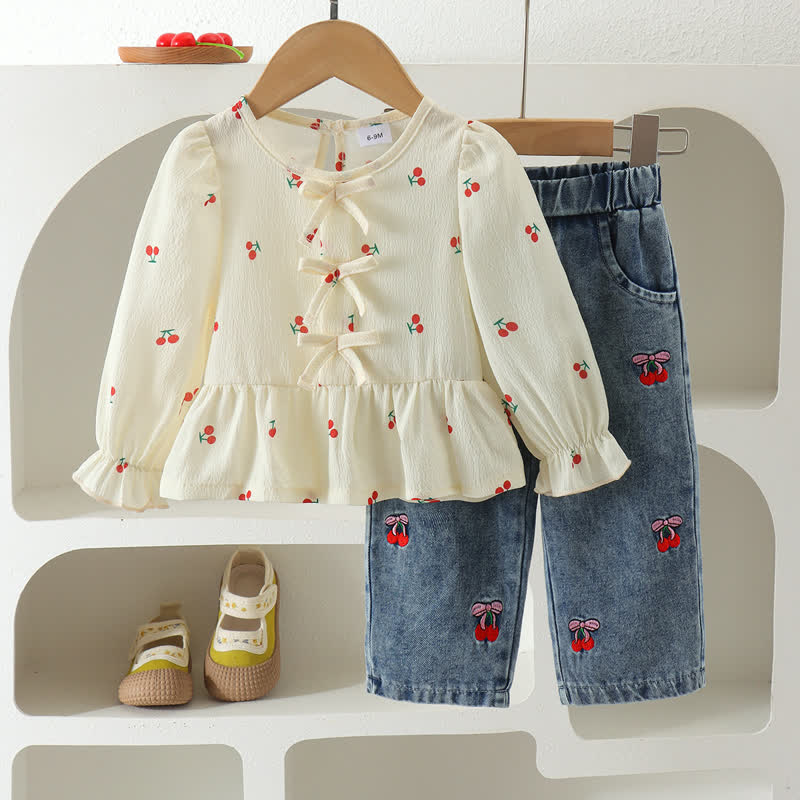 2-teiliges Set für Baby und Kleinkind : Spitze mit Kirsche und Denim , dazu Hose - Beige - 2-3J - image 1
