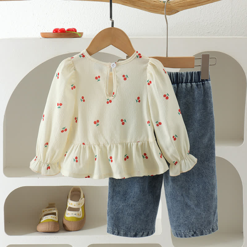 2-teiliges Set für Baby und Kleinkind : Spitze mit Kirsche und Denim , dazu Hose - image 2