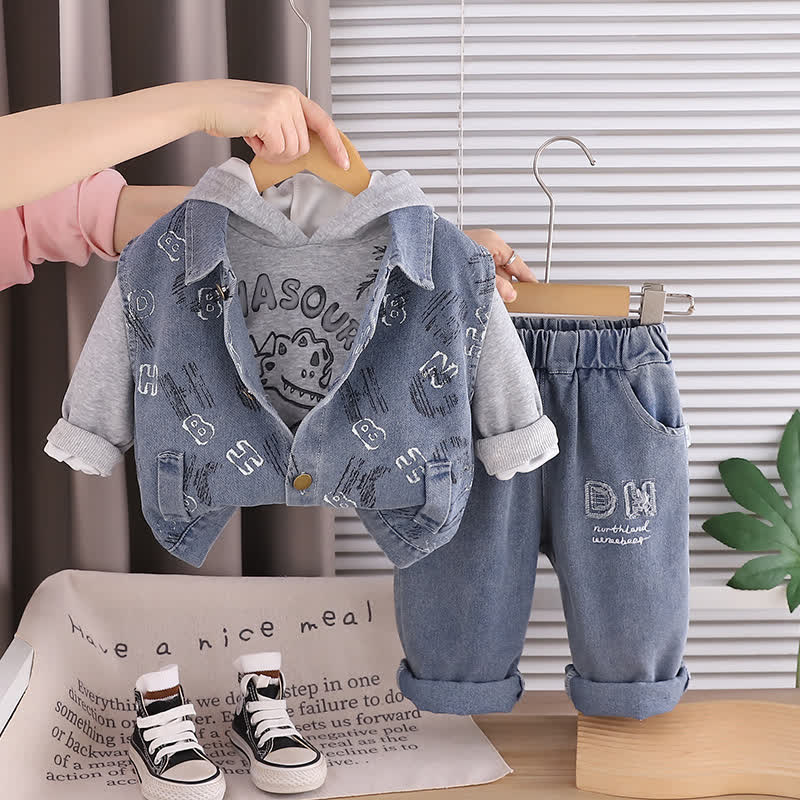 3-teiliges Set für Baby : Cartoon-Hoodie und Denim für Jungen - Grau - 4-5J - image 2
