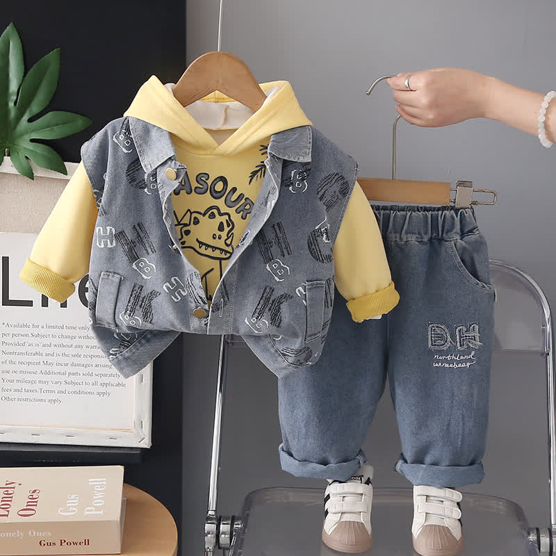 3-teiliges Set für Baby : Cartoon-Hoodie und Denim für Jungen - Gelb - 4-5J - image 3