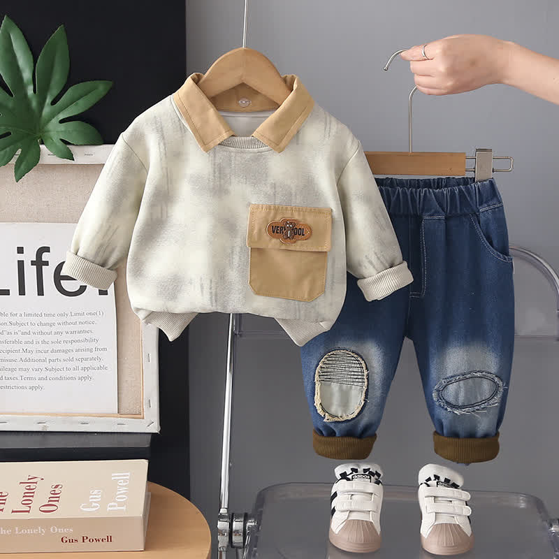 2-teiliges Set aus Vintage-Pullover mit Kragen und Jeans für Kleinkind und Baby - Beige - 4-5J - image 3