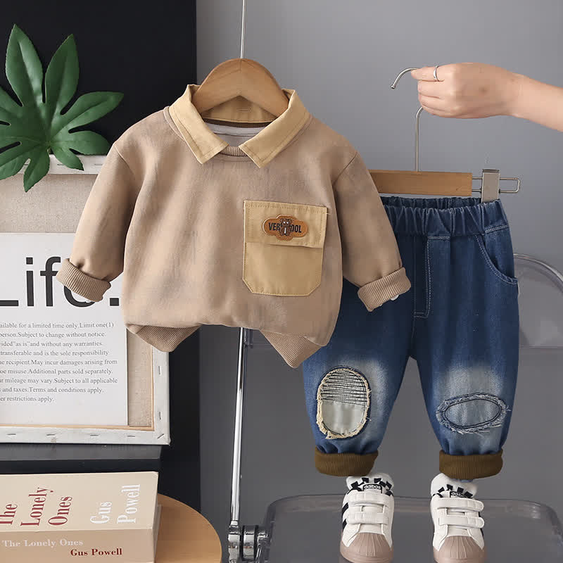 2-teiliges Set aus Vintage-Pullover mit Kragen und Jeans für Kleinkind und Baby - Khaki - 4-5J - image 2