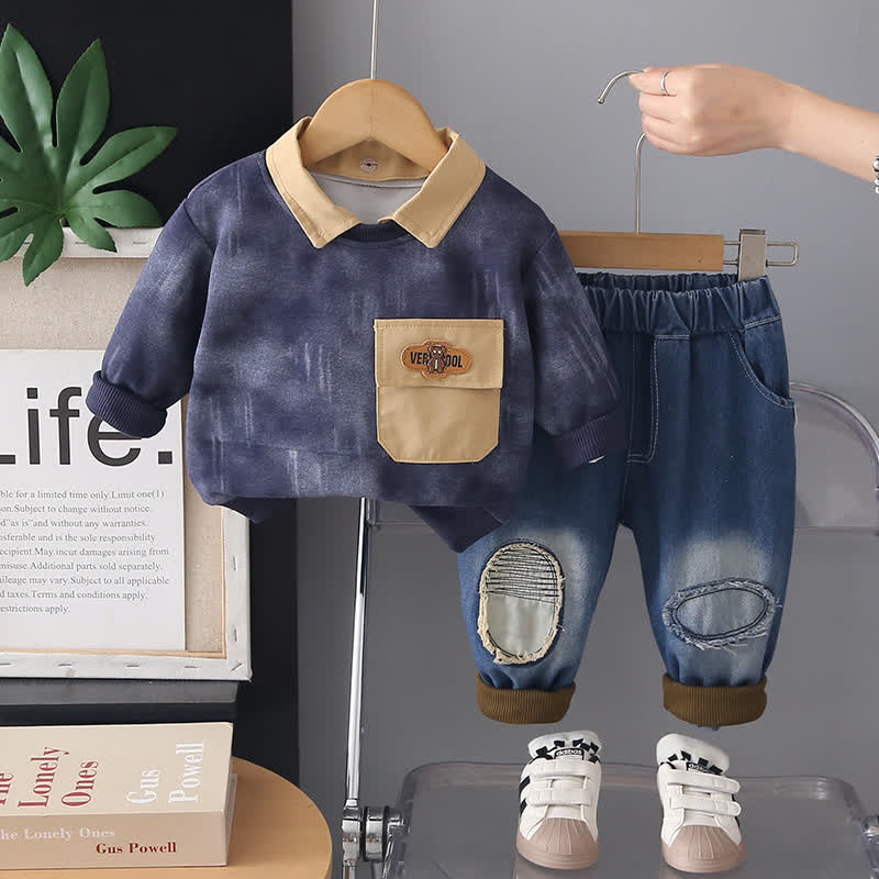 2-teiliges Set aus Vintage-Pullover mit Kragen und Jeans für Kleinkind und Baby - Marineblau - 4-5J - image 4