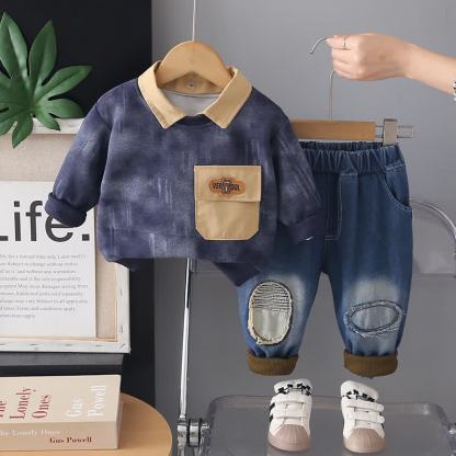 2-teiliges Set aus Vintage-Pullover mit Kragen und Jeans für Kleinkind und Baby - Marineblau - 4-5J - image 4