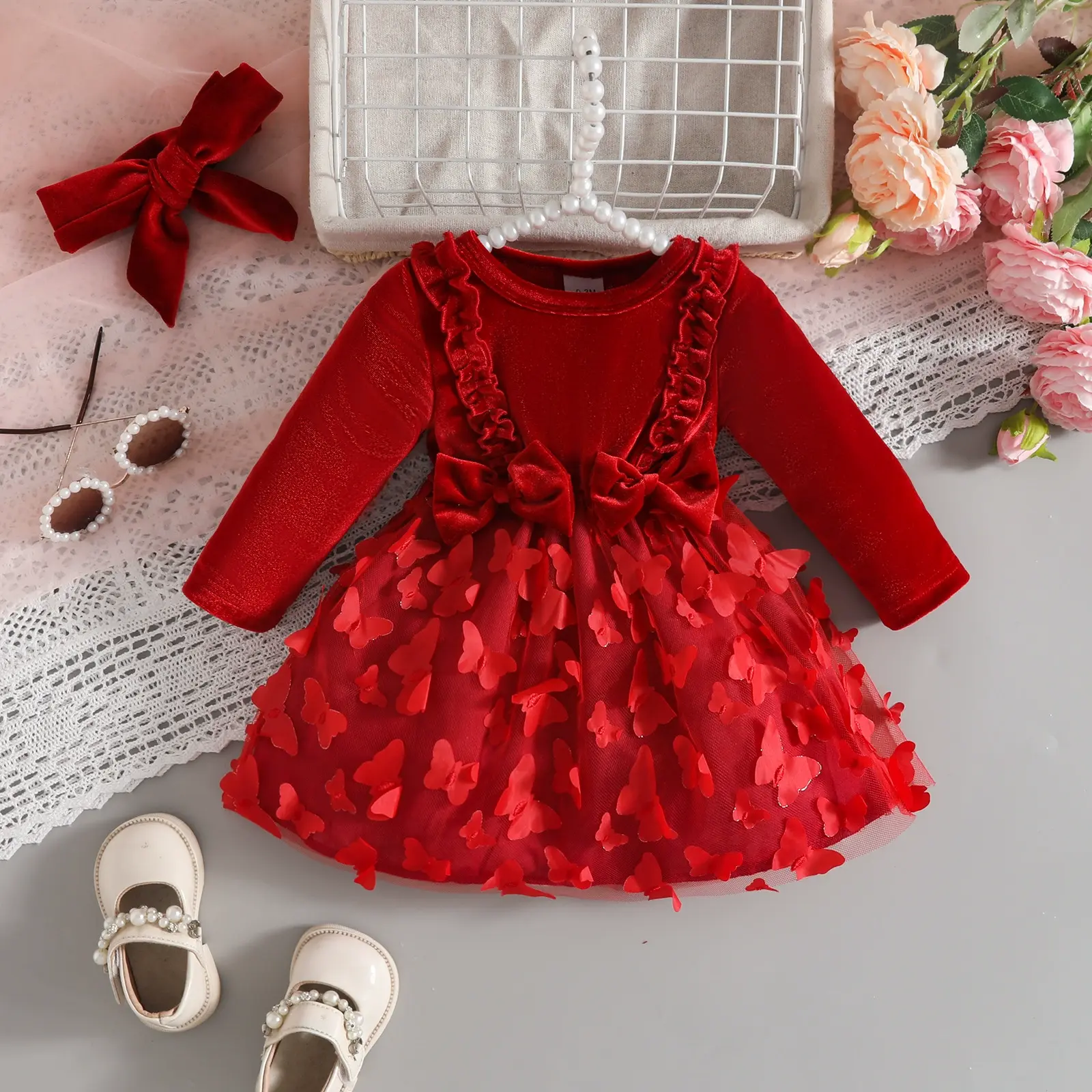 Kleid mit Schmetterling und Tüll für Baby - Rot - 12-18M - image 1