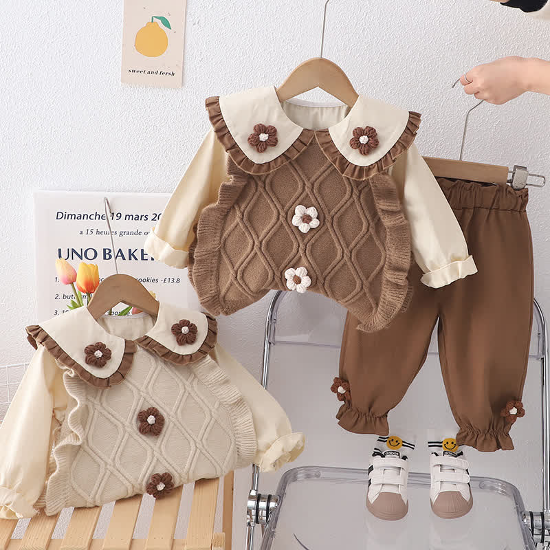 3-teiliges Set aus Blumen Stricken und Hose für Baby und Kleinkind - image 1