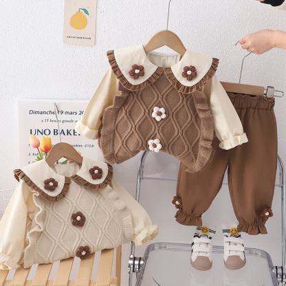 3-teiliges Set aus Blumen Stricken und Hose für Baby und Kleinkind - image 1