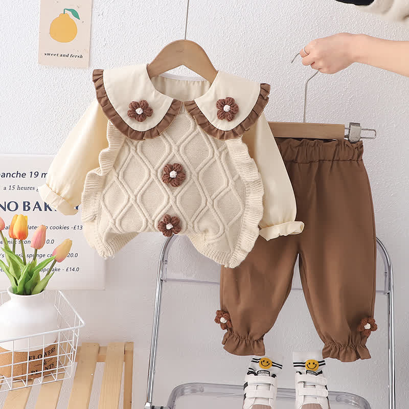 3-teiliges Set aus Blumen Stricken und Hose für Baby und Kleinkind - Beige - 4-5J - image 2