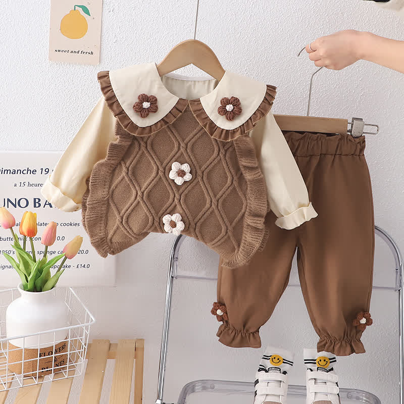 3-teiliges Set aus Blumen Stricken und Hose für Baby und Kleinkind - Braun - 4-5J - image 3