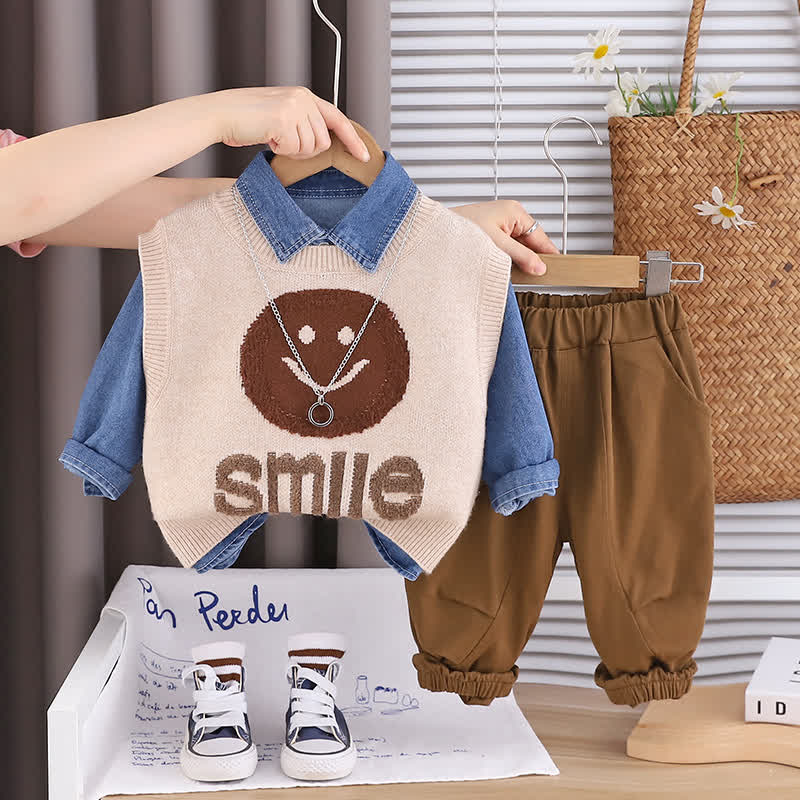 SMILE Kleinkind Baby Jungen Stricken und Jogginghose, 3-teiliges Set mit Smiley Gesicht - Beige - 4-5J - image 2