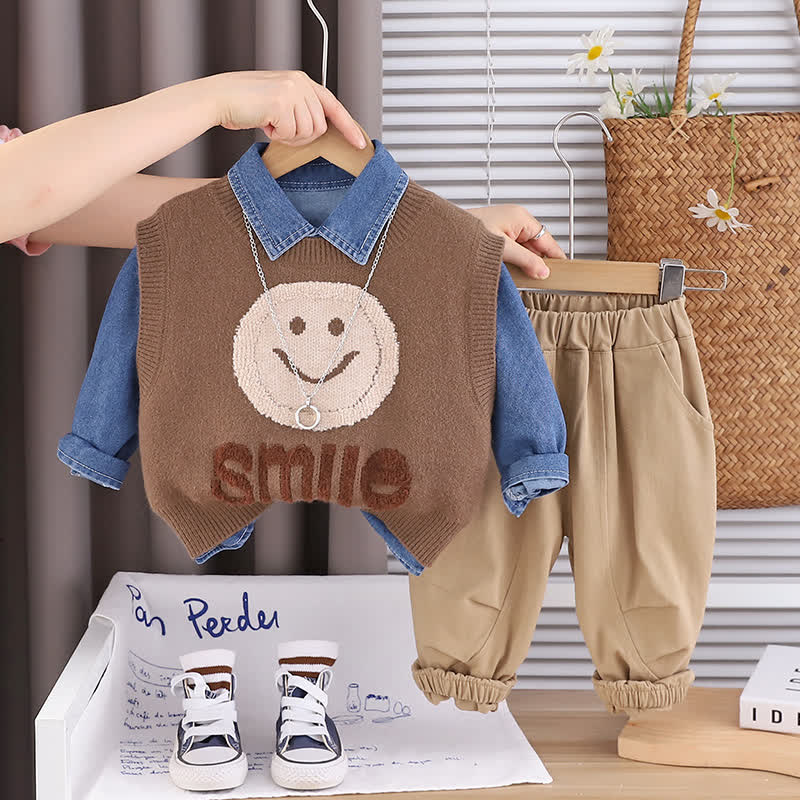 SMILE Kleinkind Baby Jungen Stricken und Jogginghose, 3-teiliges Set mit Smiley Gesicht - Braun - 4-5J - image 3