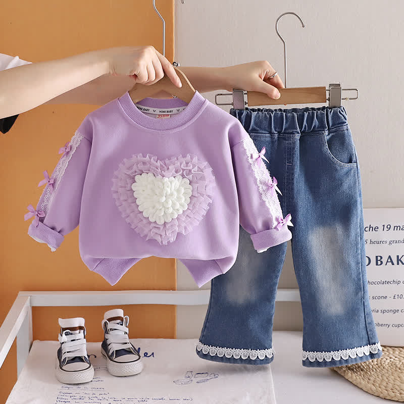 2-teiliges Set für Baby und Babys : Tüll Sweatshirt mit Herz und Denim - Lila - 4-5J - image 3
