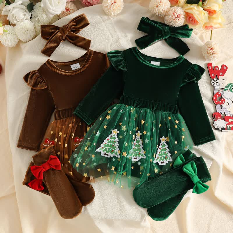 Samt Kleid für Baby mit Stirnband und Socken - image 1