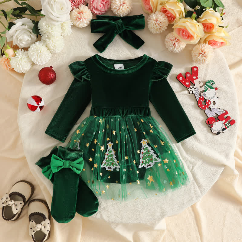 Samt Kleid für Baby mit Stirnband und Socken - Grün - 12-18M - image 2