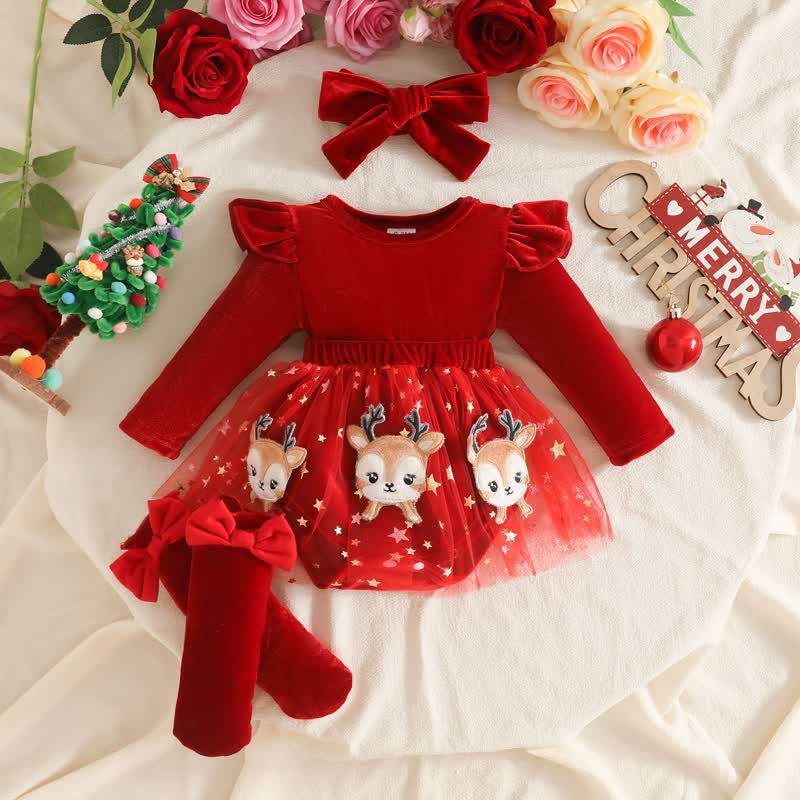 Samt Kleid für Baby mit Stirnband und Socken - Rotwild - 12-18M - image 3