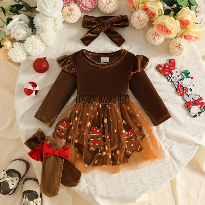 Samt Kleid für Baby mit Stirnband und Socken - Braun - 12-18M - image 4