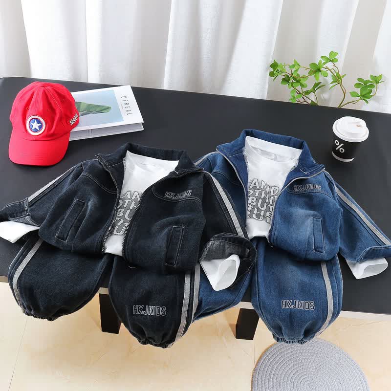 3-teiliges Denim Set für Baby und Jungen mit Streifenbesatz - image 1