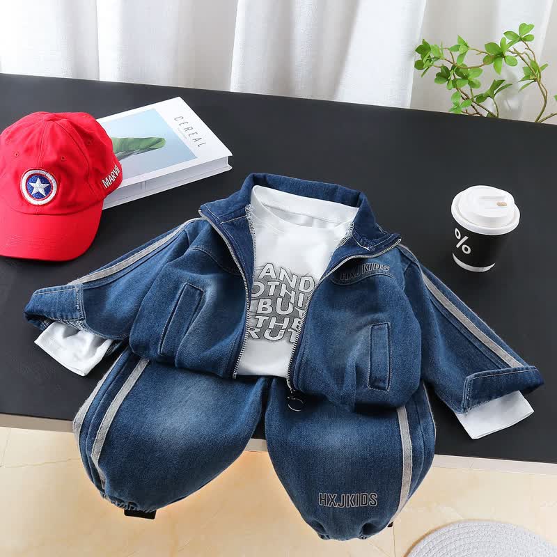 3-teiliges Denim Set für Baby und Jungen mit Streifenbesatz - Blau - 4-5J - image 2