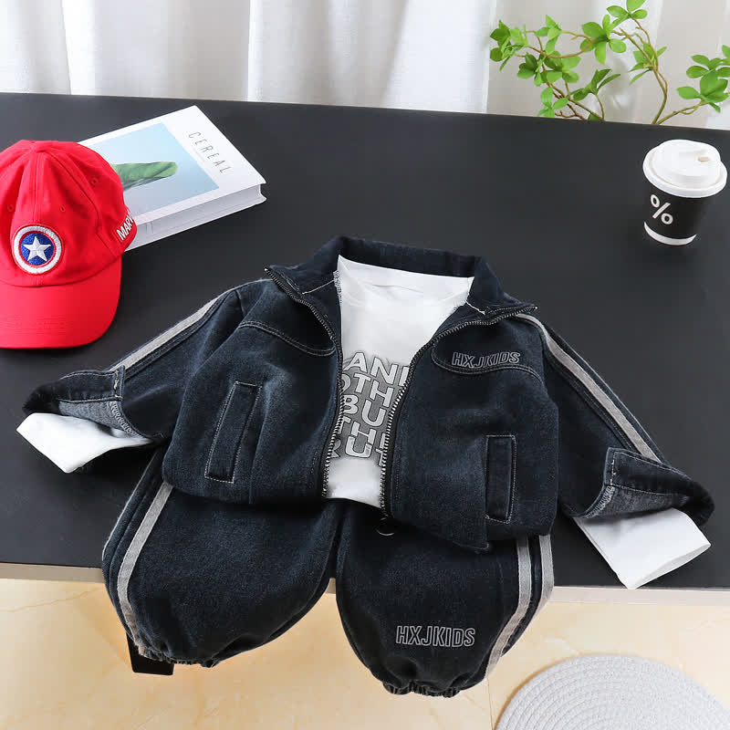 3-teiliges Denim Set für Baby und Jungen mit Streifenbesatz - Schwarz - 4-5J - image 3