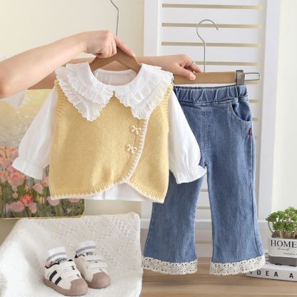 3-teiliges Stricken Set für Kleinkind und Baby , Mädchen mit Schleife - Gelb - 4-5J - image 3