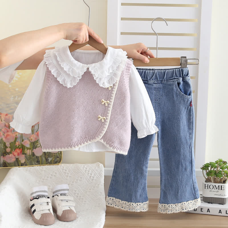 3-teiliges Stricken Set für Kleinkind und Baby , Mädchen mit Schleife - Lila - 4-5J - image 2