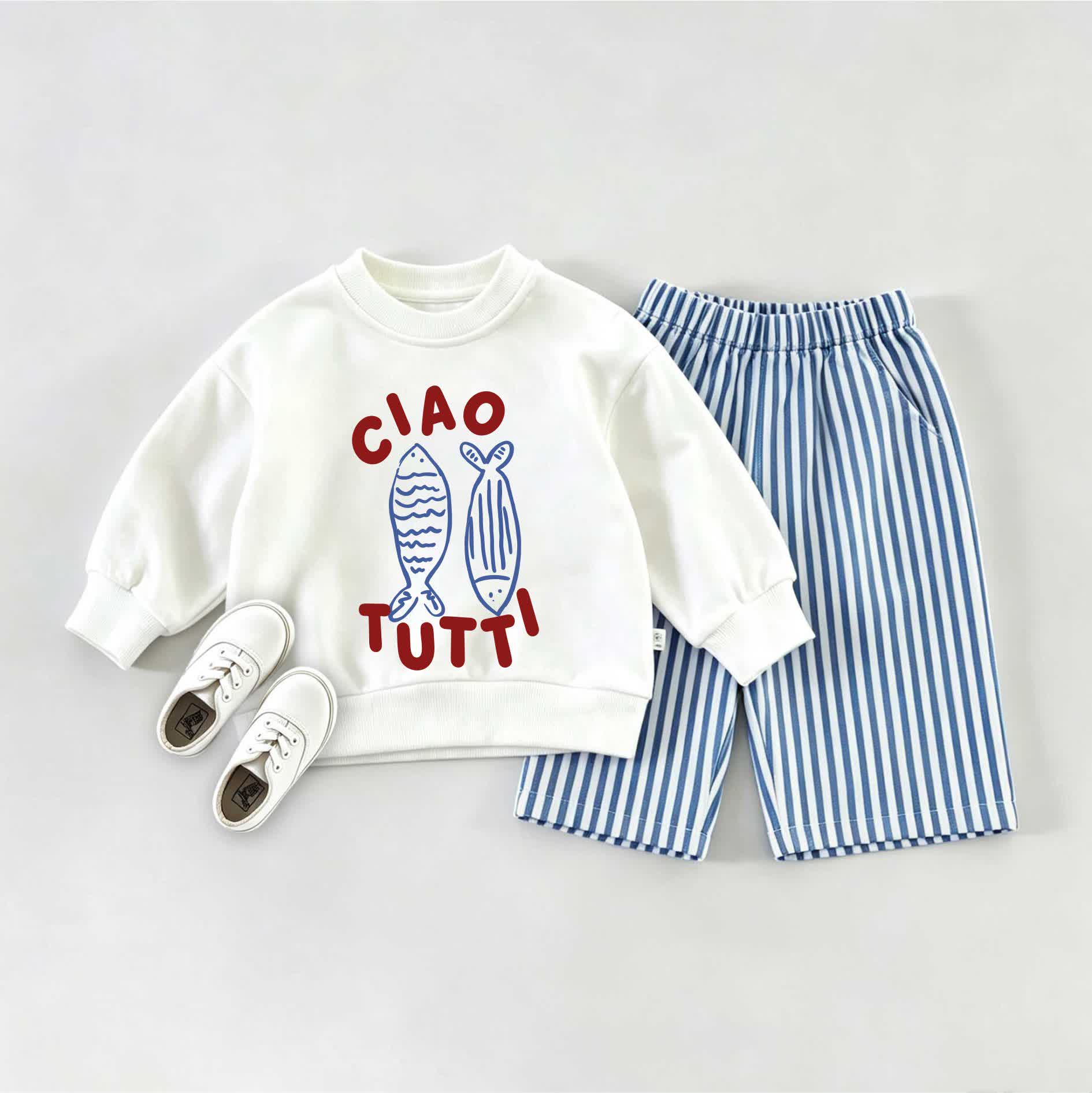 CIAO TUTTI Baby Fisch Sweatshirt und Streifen Hose Set - Weiß & Blau - 2-3J - image 1