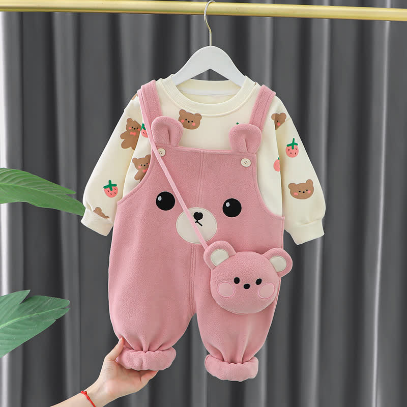 Set aus bedrucktem Vlies Spitze und Bär Overalls für Baby mit Tasche - Rosa - 3-4J - image 2