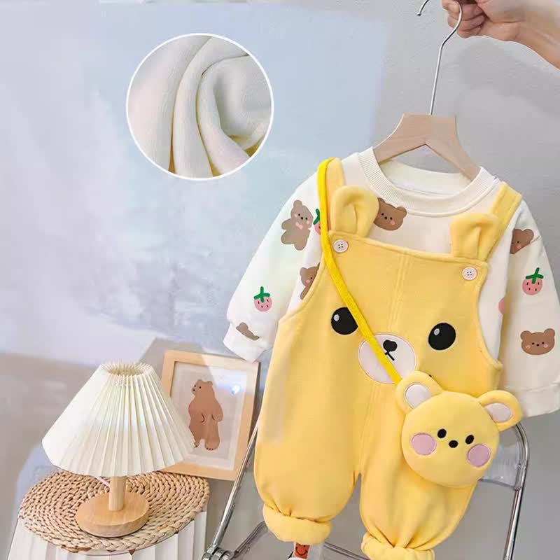 Set aus bedrucktem Vlies Spitze und Bär Overalls für Baby mit Tasche - Gelb - 3-4J - image 1