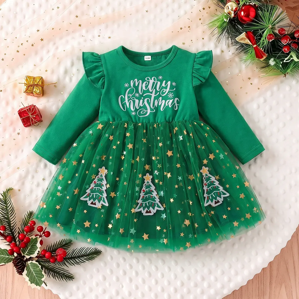 MERRY CHRISTMAS Baby Kleinkind Kleid mit Sternenmuster - Grün - 4-5J - image 2