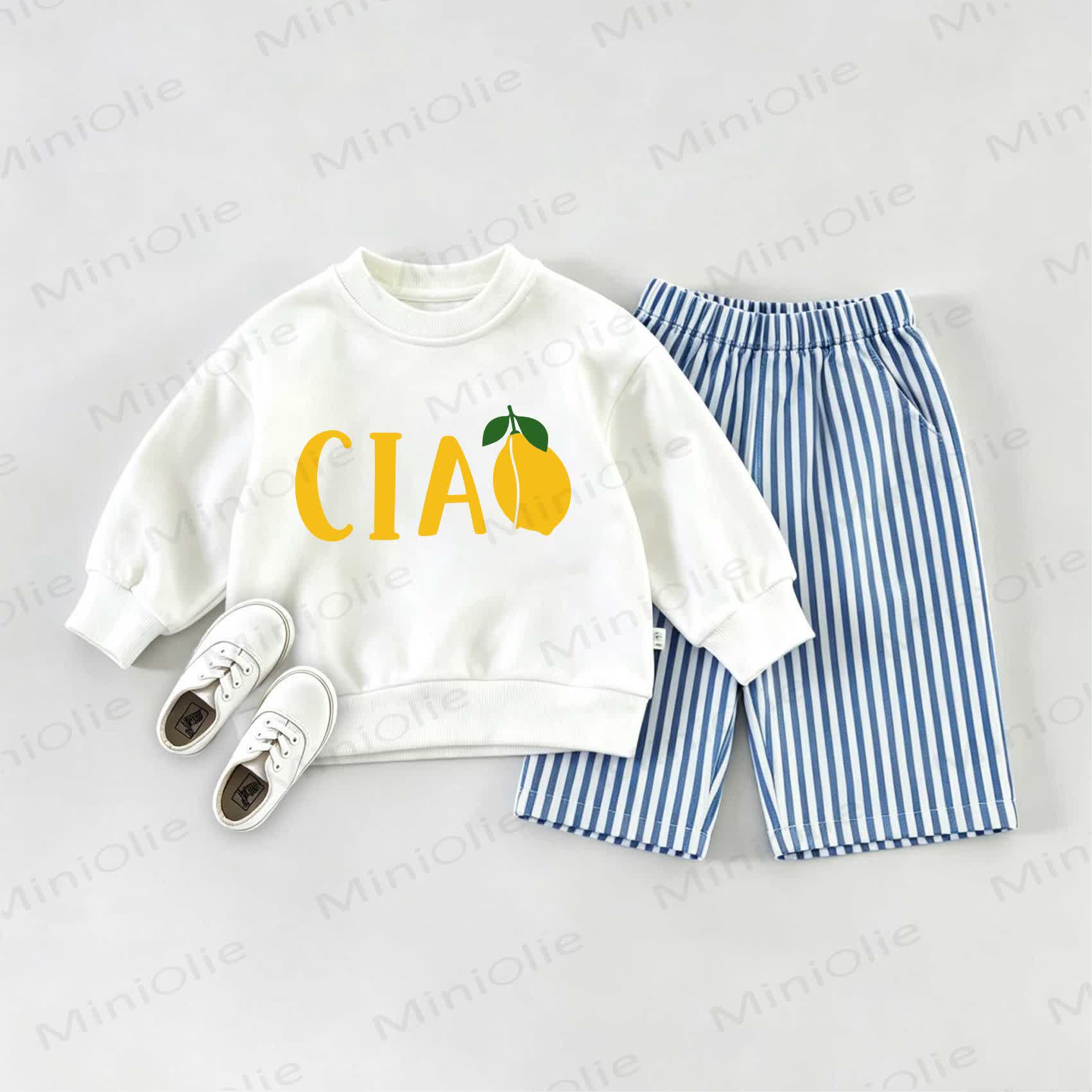 CIAO Baby Zitronen- Sweatshirt und Streifen Hose Set - Weiß & Blau - 2-3J - image 1