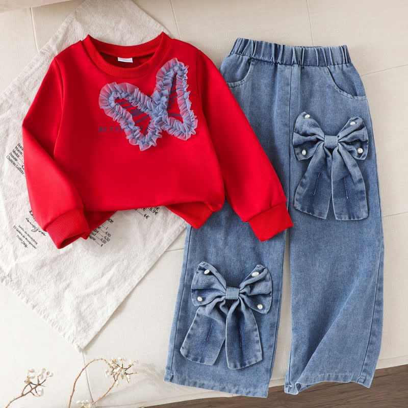 2-teiliges Set aus Sweatshirt und Jeans mit Schleife für Kleinkind - Rot - 7Y - image 1