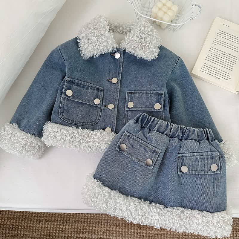 Kleinkind Set aus Denim Blau Jeansjacke und Rock mit Sherpa-Besatz - Blau - 8-9J - image 1