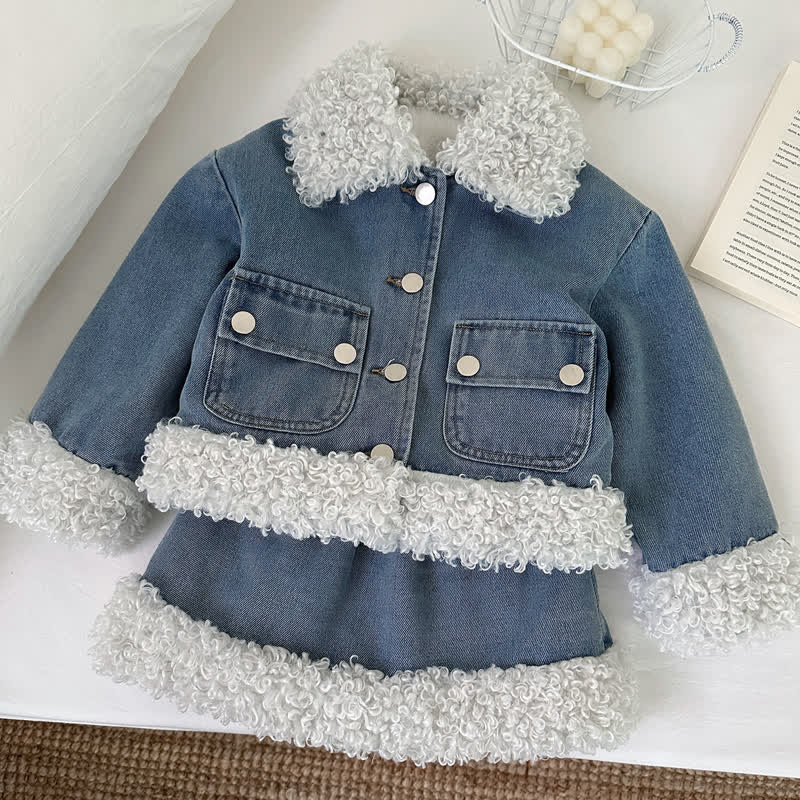 Kleinkind Set aus Denim Blau Jeansjacke und Rock mit Sherpa-Besatz - image 2