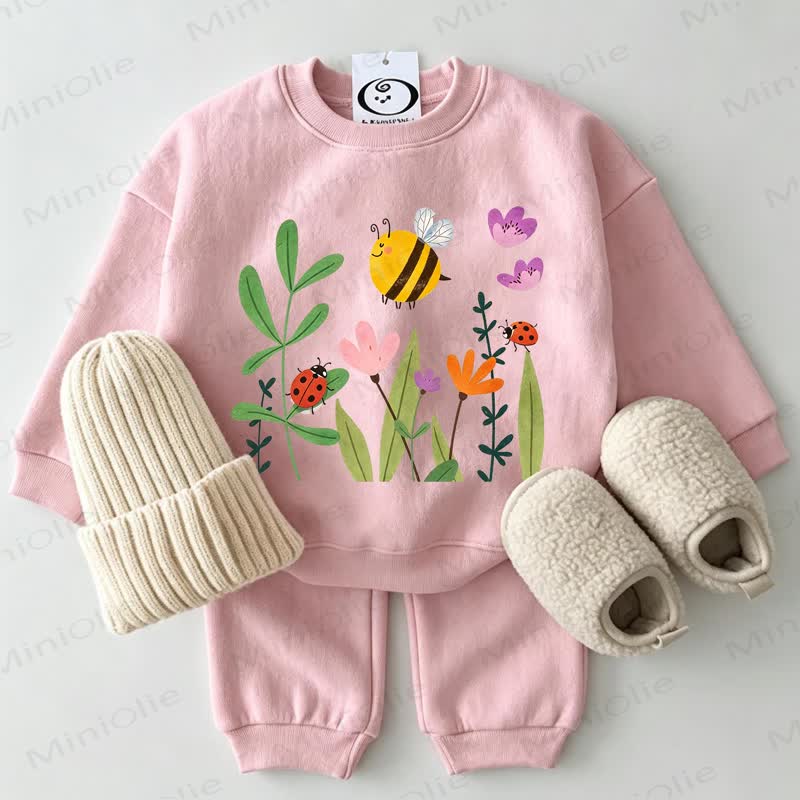 Baby Blume Biene Schmetterling Sweatshirt 2-teiliges Rosa Set - Rosa - 2-3J - image 1