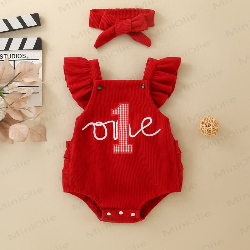 1 ONE Baby Mädchen Gerippt Cord Bodysuit mit Schleife und Stirnband zum Geburtstag - Rot - 12-18M - image 1