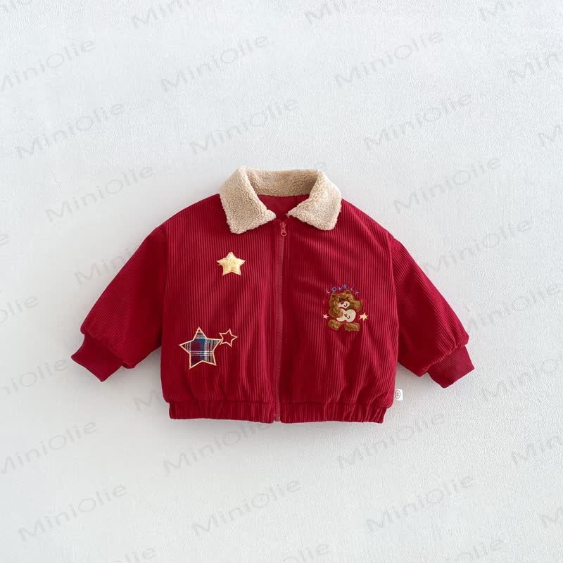 LOVELY Baby Kleinkind Bär -Bär-Jacke aus rotem Gerippt -Cord mit Sternenkragen und Reißverschluss - image 1