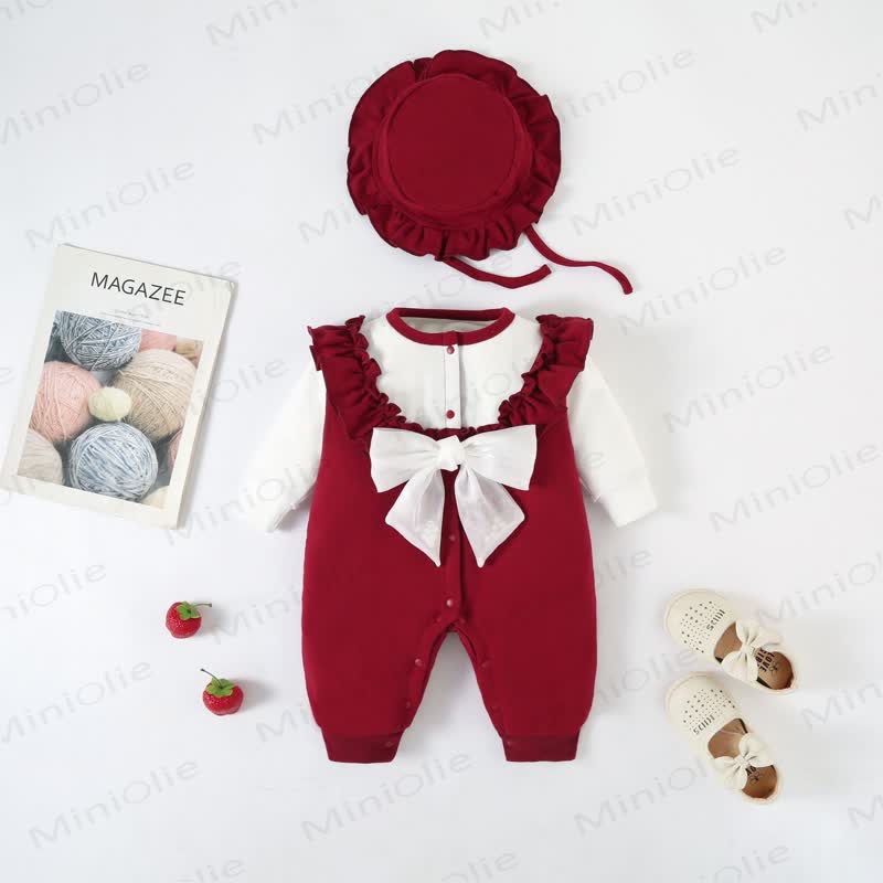 Baby Mädchen-Strampler mit Schleife und Strampler sowie passendem Hut - Vlies Wine Red - 12-18M - image 1