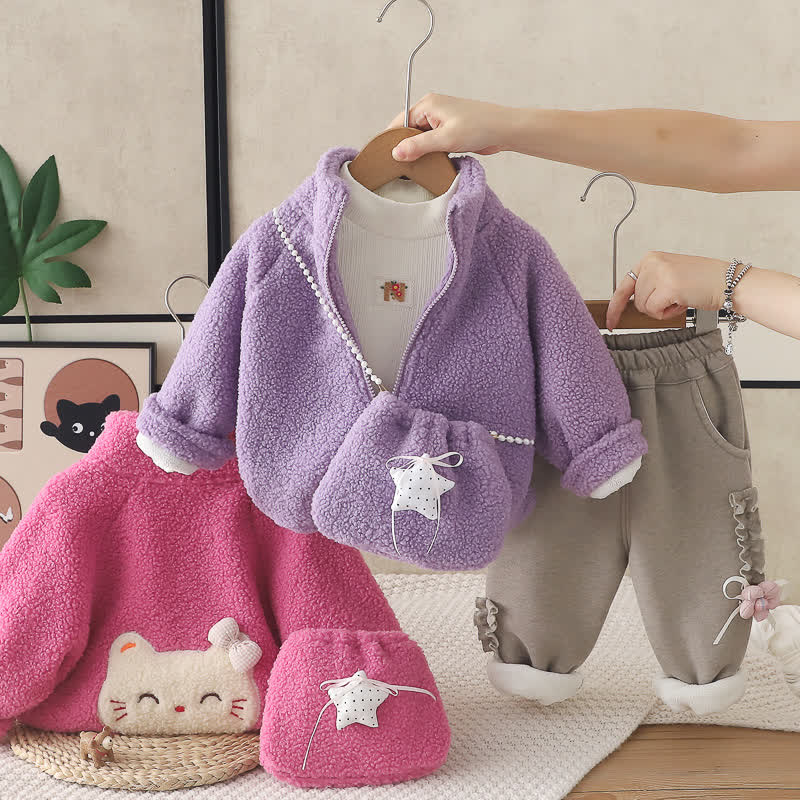 3-teiliges Set für Kleinkind : Sherpa-Jacke und Hose mit Katzenmotiv und Tasche - image 1