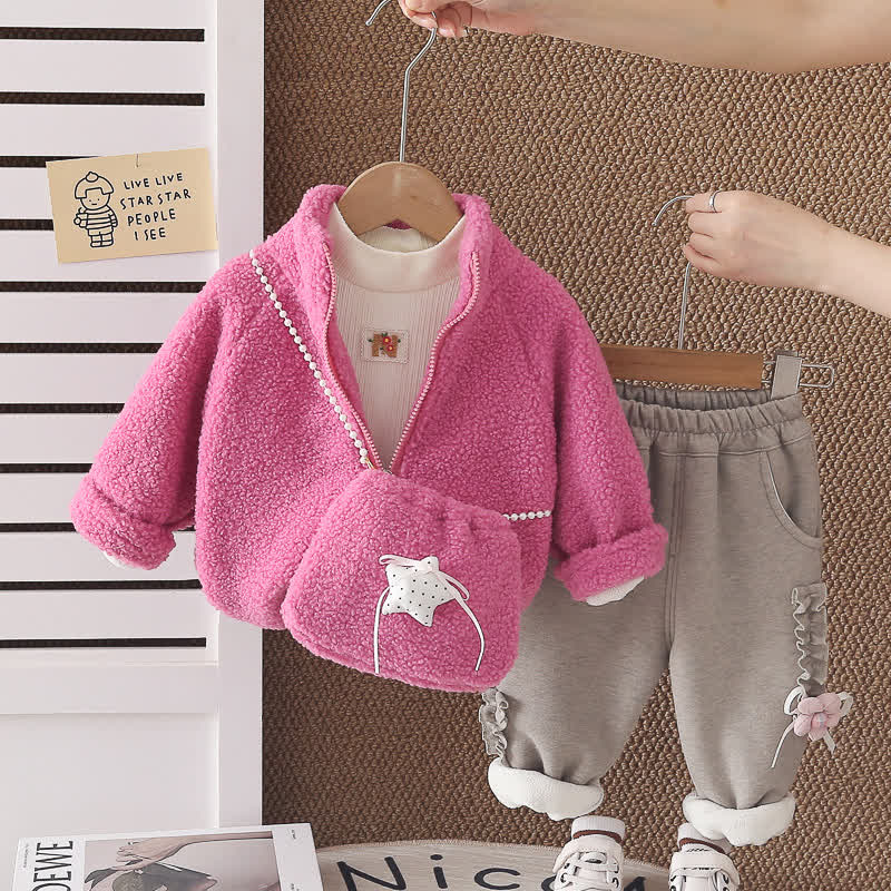 3-teiliges Set für Kleinkind : Sherpa-Jacke und Hose mit Katzenmotiv und Tasche - Rosa - 4-5J - image 2