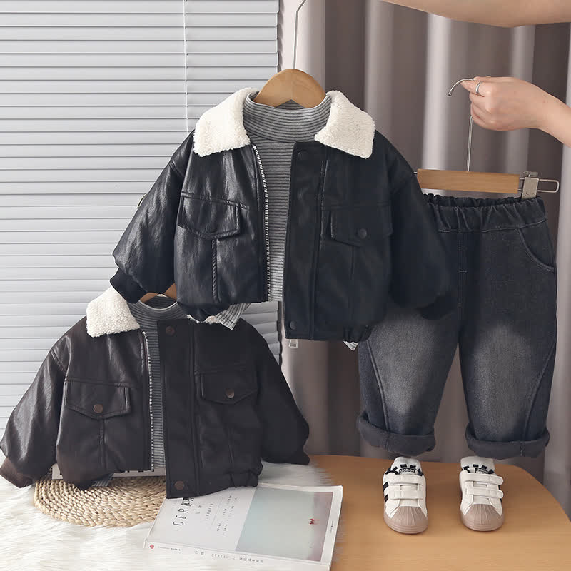 3-teiliges Set aus Kunstlederjacke und Hose mit Sherpa-Kragen für Kleinkind - image 1