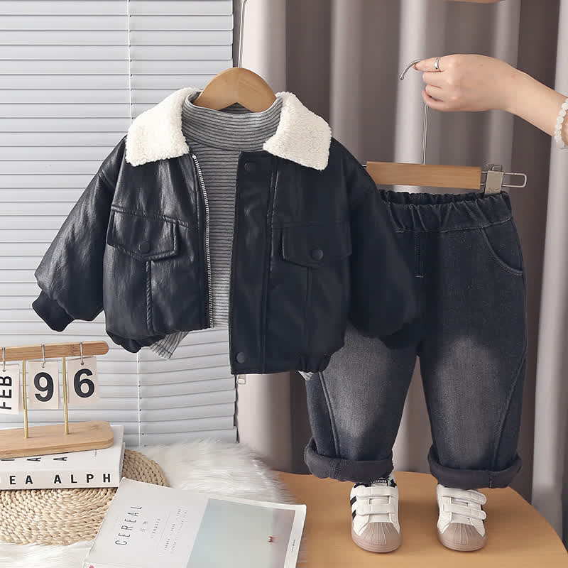 3-teiliges Set aus Kunstlederjacke und Hose mit Sherpa-Kragen für Kleinkind - Schwarz - 4-5J - image 2