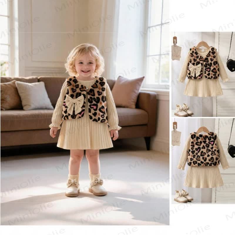 Set aus Leopardenmuster-Weste mit Herz und Schleife für Baby und Kleinkind (Mädchen ) und Beige Gerippt - image 2
