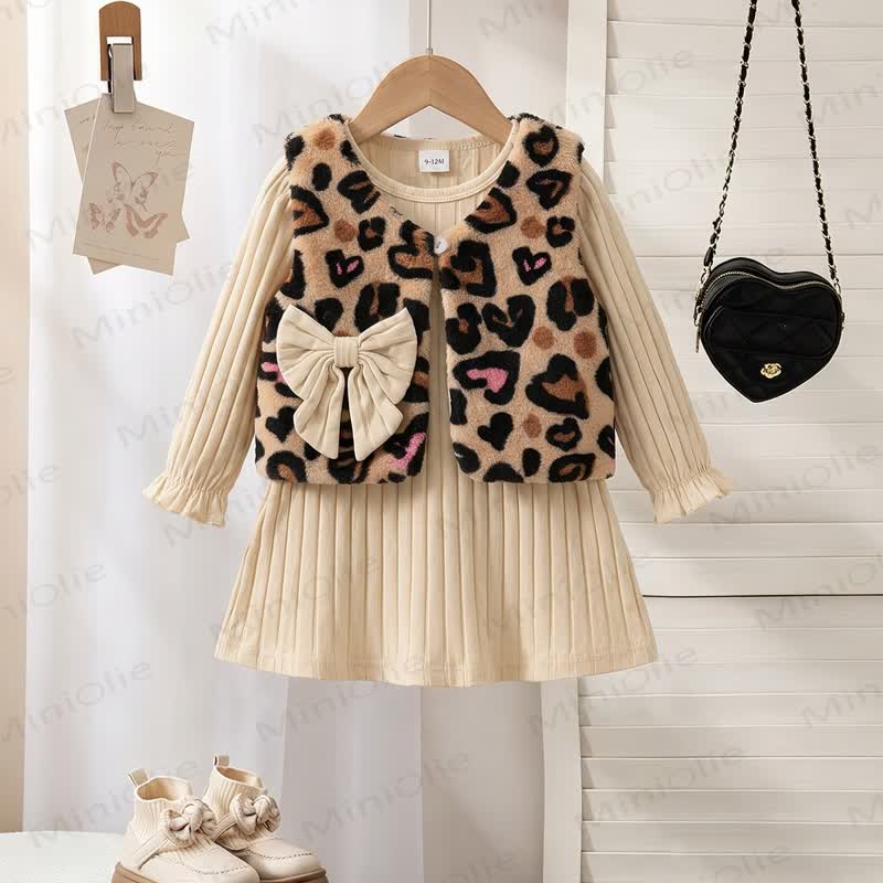 Set aus Leopardenmuster-Weste mit Herz und Schleife für Baby und Kleinkind (Mädchen ) und Beige Gerippt - image 1